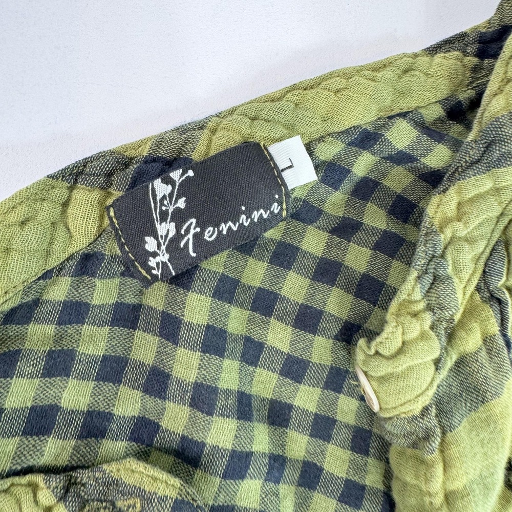 Fenini Blouse Womens Large Green Plaid Henley Tunic Long Sleeve Boho Top - Picture 2 of 7